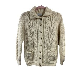 Vtg Roslin Glen Scotland Aran Fisherman Cardigan Sweater Wool Cable Knit Cream M